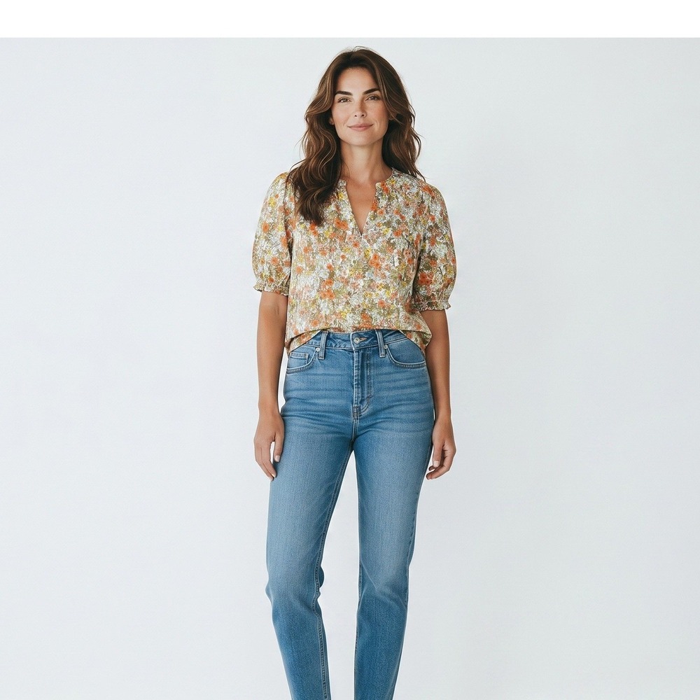 Lands End Floral Split Neck Puff Sleeve Blouse 100% Cotton‎ Small 6-8